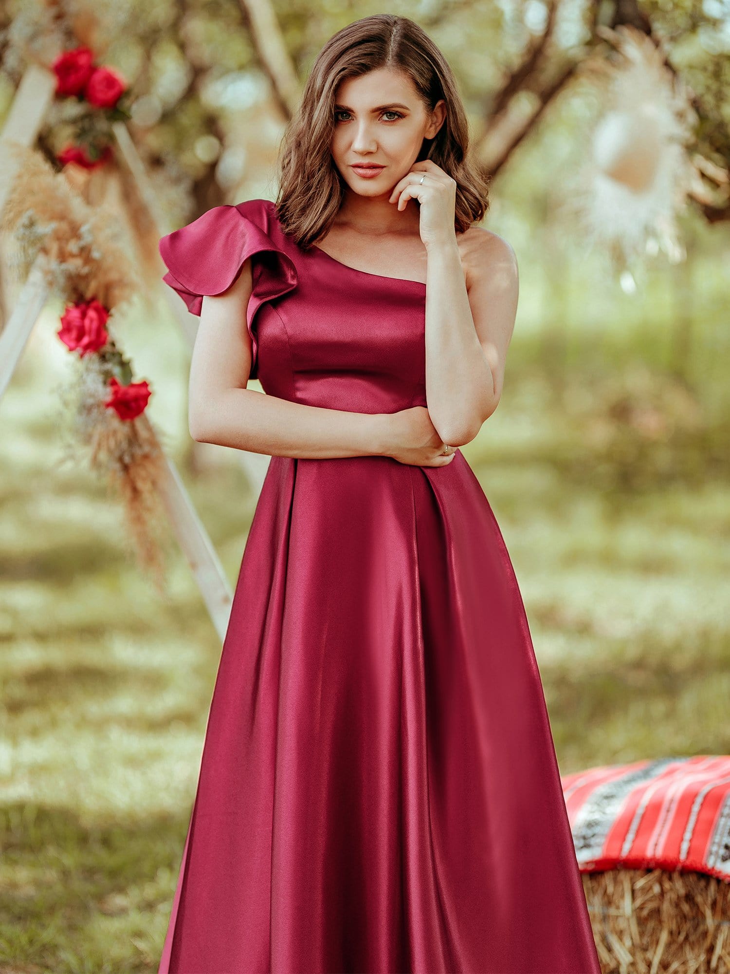 Color=Burgundy | Gorgeous A-Line One-Shoulder Ruffle Sleeves Flattering Prom Dress-Burgundy 4 Color=Burgundy | Gorgeous A-Line One-Shoulder Ruffle Sleeves Flattering Prom Dress-Burgundy 4