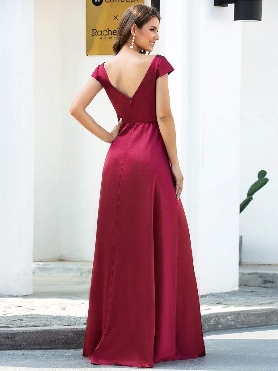 Color=Burgundy | Gorgeous Deep Double V Neck Satin Prom Dress With Cap Sleeves-Burgundy 2 Color=Burgundy | Gorgeous Deep Double V Neck Satin Prom Dress With Cap Sleeves-Burgundy 2