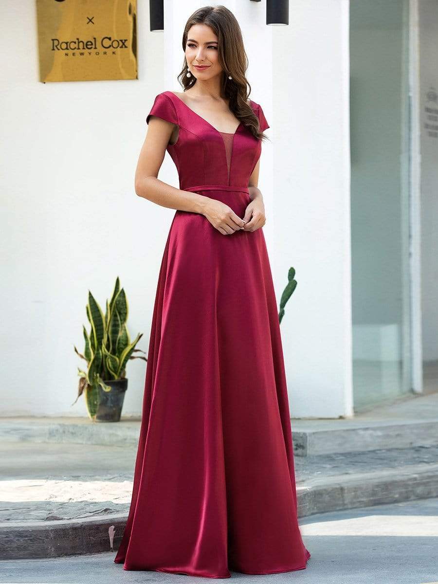 Color=Burgundy | Gorgeous Deep Double V Neck Satin Prom Dress With Cap Sleeves-Burgundy 3 Color=Burgundy | Gorgeous Deep Double V Neck Satin Prom Dress With Cap Sleeves-Burgundy 3