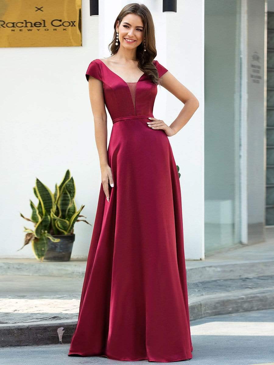 Color=Burgundy | Gorgeous Deep Double V Neck Satin Prom Dress With Cap Sleeves-Burgundy 4 Color=Burgundy | Gorgeous Deep Double V Neck Satin Prom Dress With Cap Sleeves-Burgundy 4