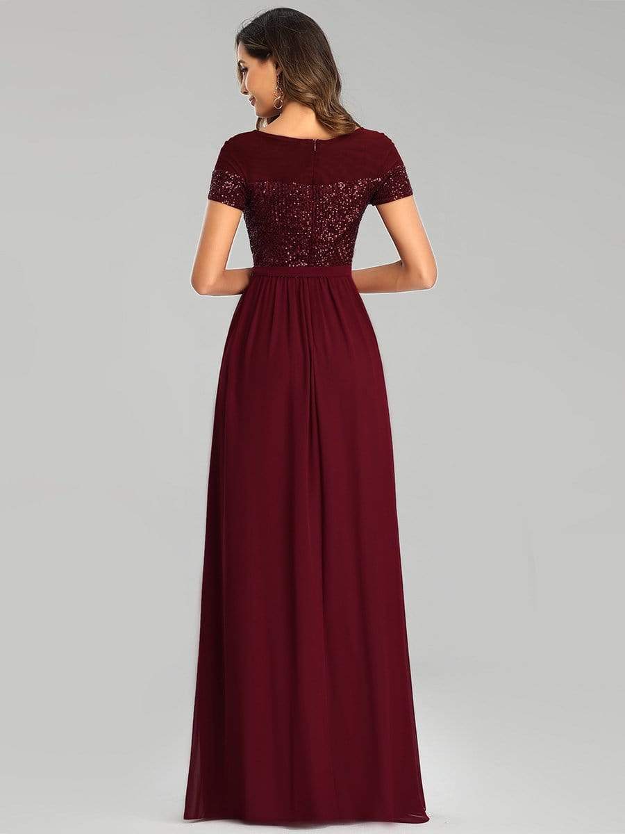 Color=Burgundy | Round Neck Short Sleeve Chiffon & Sequin Evening Dresses With Belt-Burgundy 2 Color=Burgundy | Round Neck Short Sleeve Chiffon & Sequin Evening Dresses With Belt-Burgundy 2