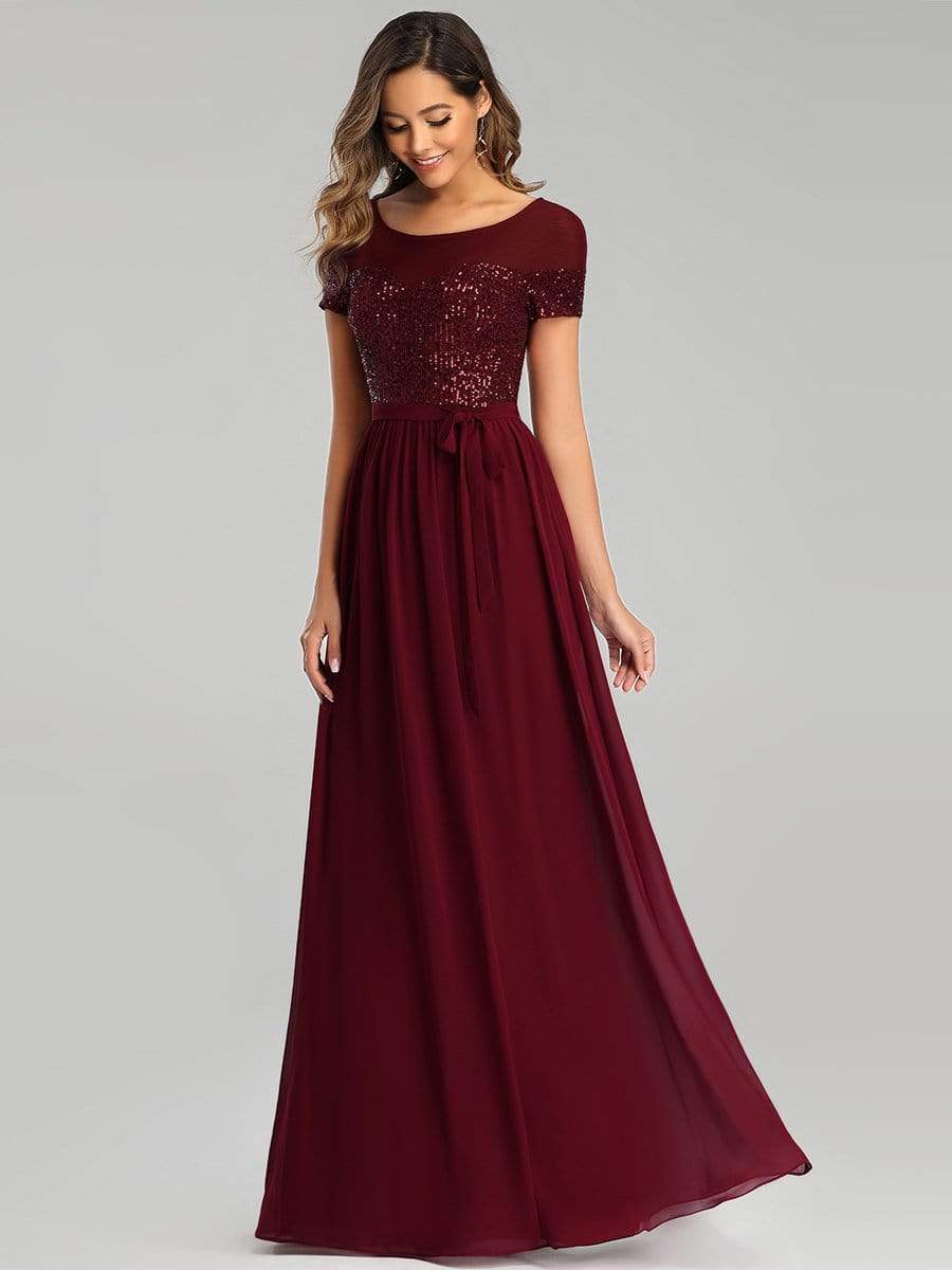 Color=Burgundy | Round Neck Short Sleeve Chiffon & Sequin Evening Dresses With Belt-Burgundy 3 Color=Burgundy | Round Neck Short Sleeve Chiffon & Sequin Evening Dresses With Belt-Burgundy 3