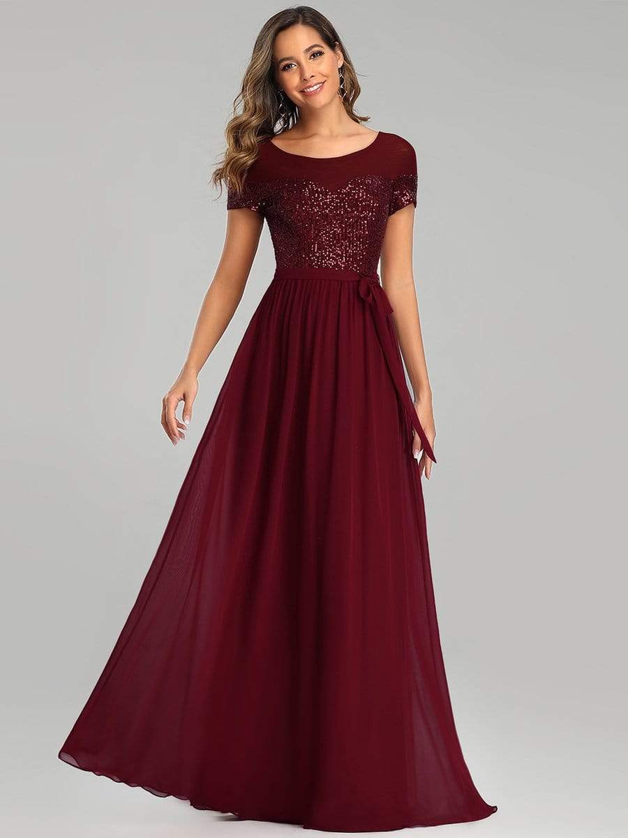 Color=Burgundy | Round Neck Short Sleeve Chiffon & Sequin Evening Dresses With Belt-Burgundy 4 Color=Burgundy | Round Neck Short Sleeve Chiffon & Sequin Evening Dresses With Belt-Burgundy 4
