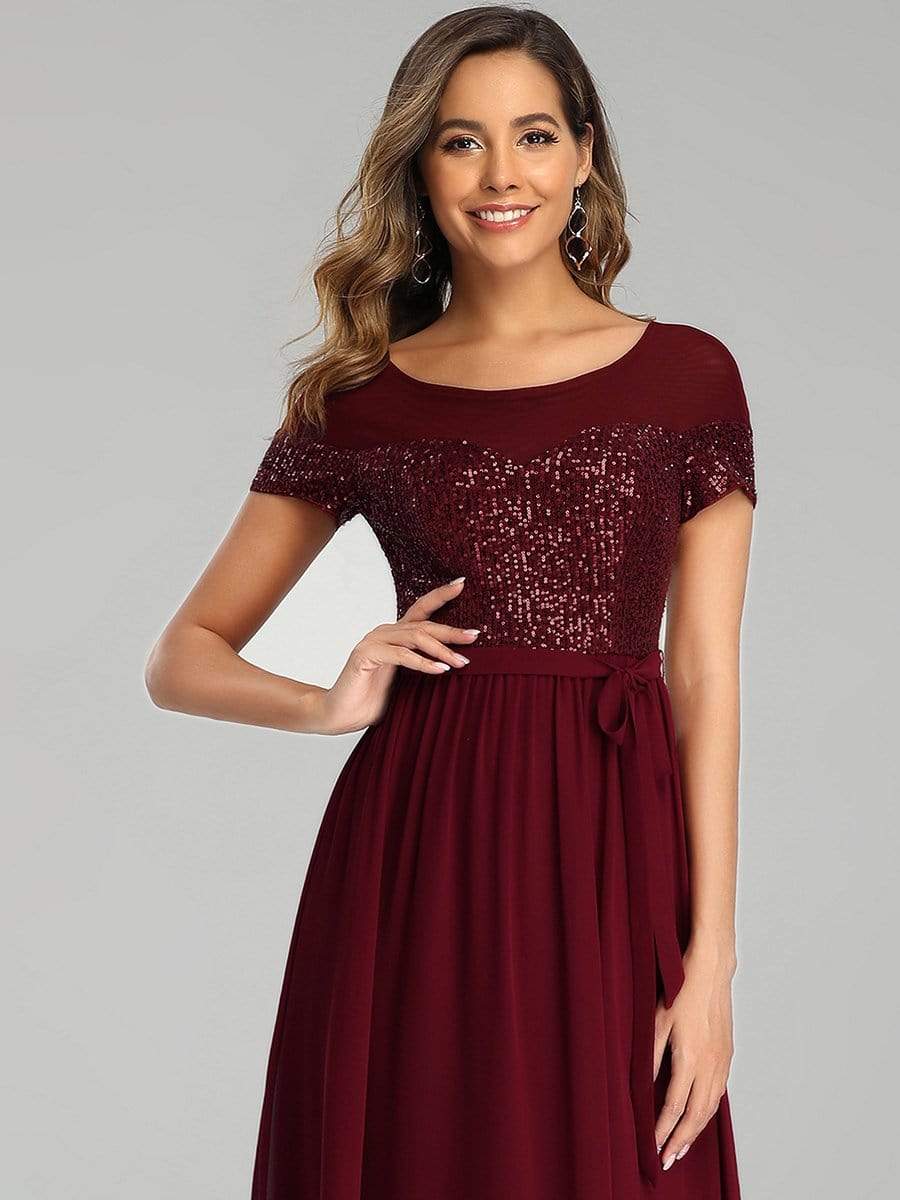 Color=Burgundy | Round Neck Short Sleeve Chiffon & Sequin Evening Dresses With Belt-Burgundy 5 Color=Burgundy | Round Neck Short Sleeve Chiffon & Sequin Evening Dresses With Belt-Burgundy 5