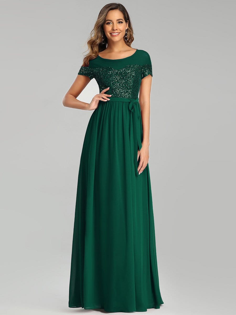 Color=Dark Green | Round Neck Short Sleeve Chiffon & Sequin Evening Dresses With Belt-Dark Green 1 Color=Dark Green | Round Neck Short Sleeve Chiffon & Sequin Evening Dresses With Belt-Dark Green 1