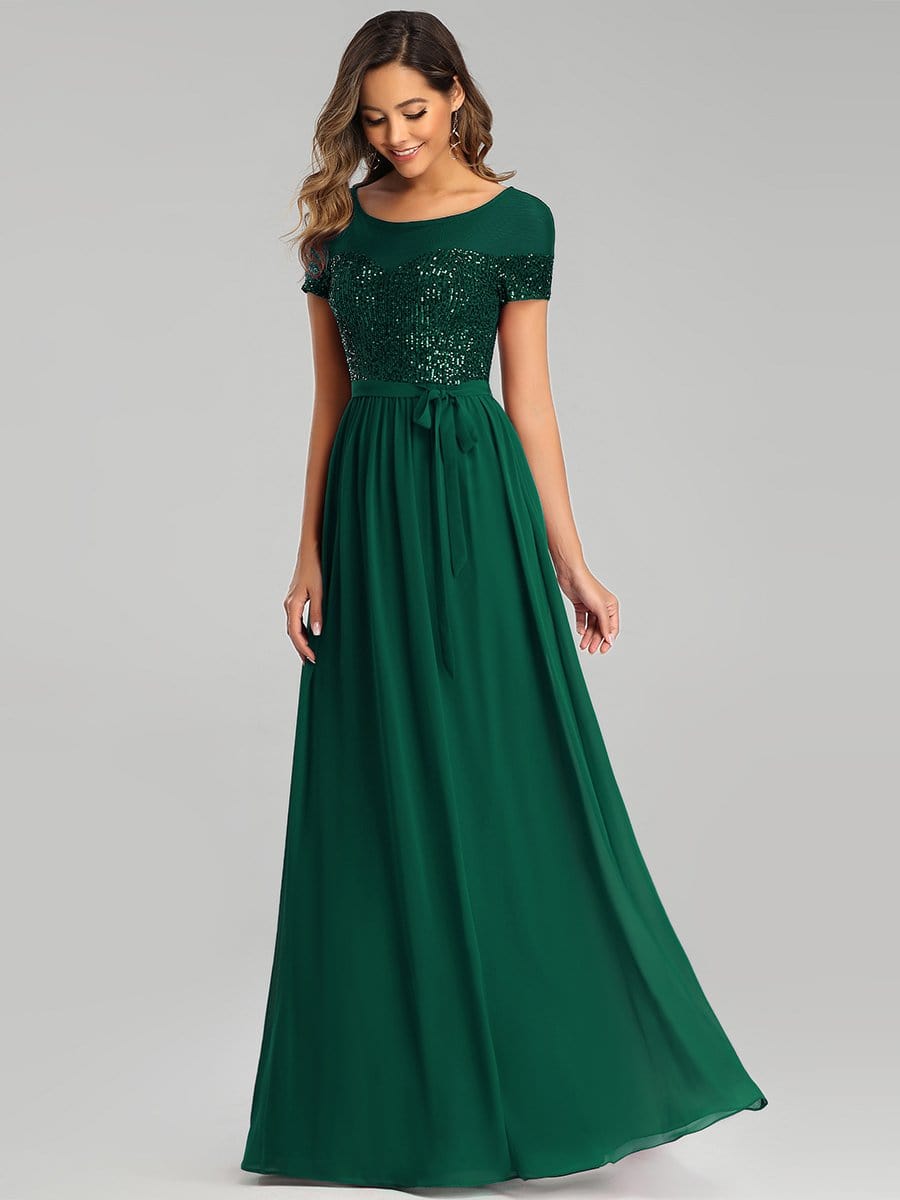 Color=Dark Green | Round Neck Short Sleeve Chiffon & Sequin Evening Dresses With Belt-Dark Green 3 Color=Dark Green | Round Neck Short Sleeve Chiffon & Sequin Evening Dresses With Belt-Dark Green 3