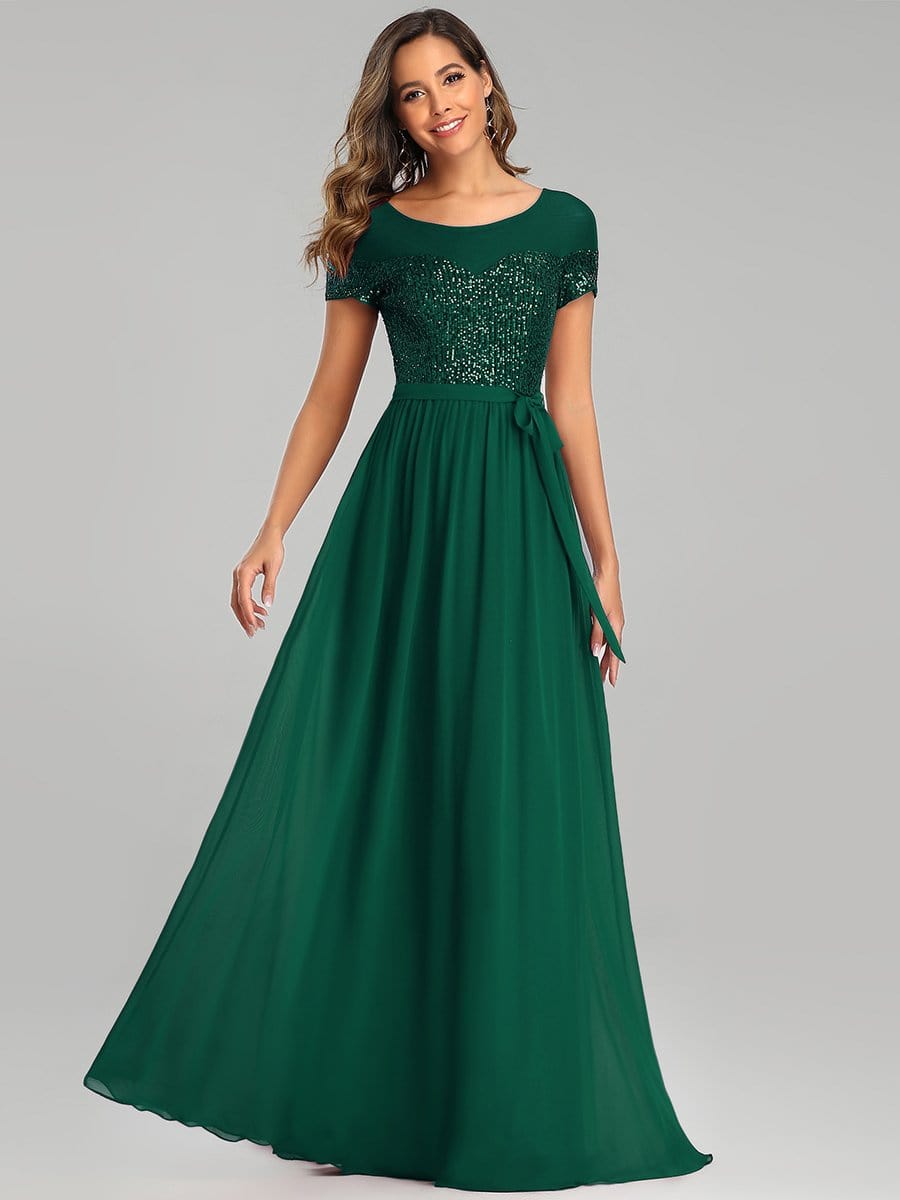 Color=Dark Green | Round Neck Short Sleeve Chiffon & Sequin Evening Dresses With Belt-Dark Green 4 Color=Dark Green | Round Neck Short Sleeve Chiffon & Sequin Evening Dresses With Belt-Dark Green 4