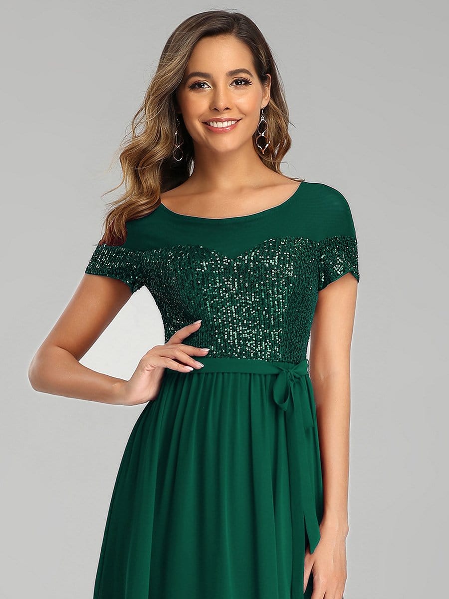 Color=Dark Green | Round Neck Short Sleeve Chiffon & Sequin Evening Dresses With Belt-Dark Green 5 Color=Dark Green | Round Neck Short Sleeve Chiffon & Sequin Evening Dresses With Belt-Dark Green 5