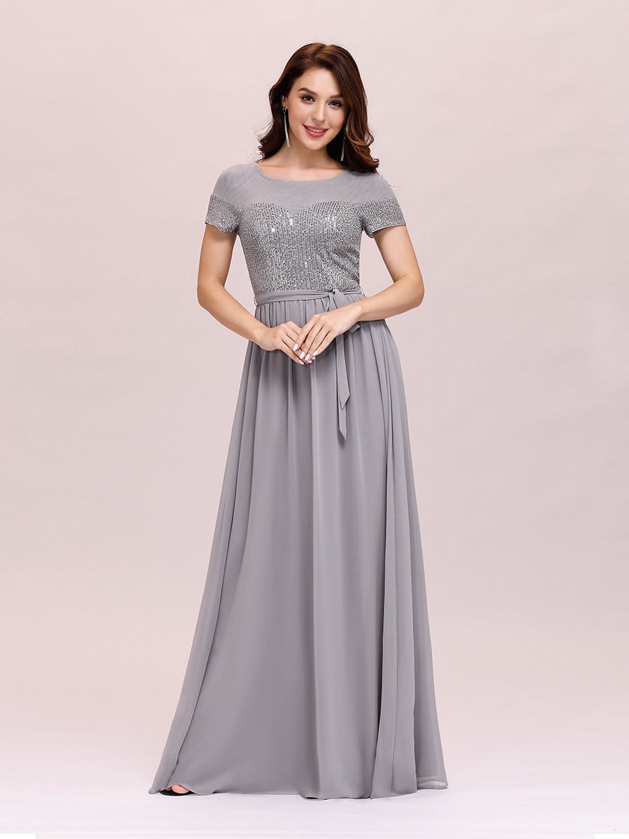 Color=Grey | Round Neck Short Sleeve Chiffon & Sequin Evening Dresses With Belt-Grey 3 Color=Grey | Round Neck Short Sleeve Chiffon & Sequin Evening Dresses With Belt-Grey 3