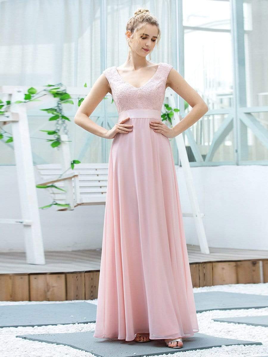 Color=Pink | Women'S Cute A-Line V Neck Embroidered Chiffon Bridesmaid Dress-Pink 4 Color=Pink | Women'S Cute A-Line V Neck Embroidered Chiffon Bridesmaid Dress-Pink 4