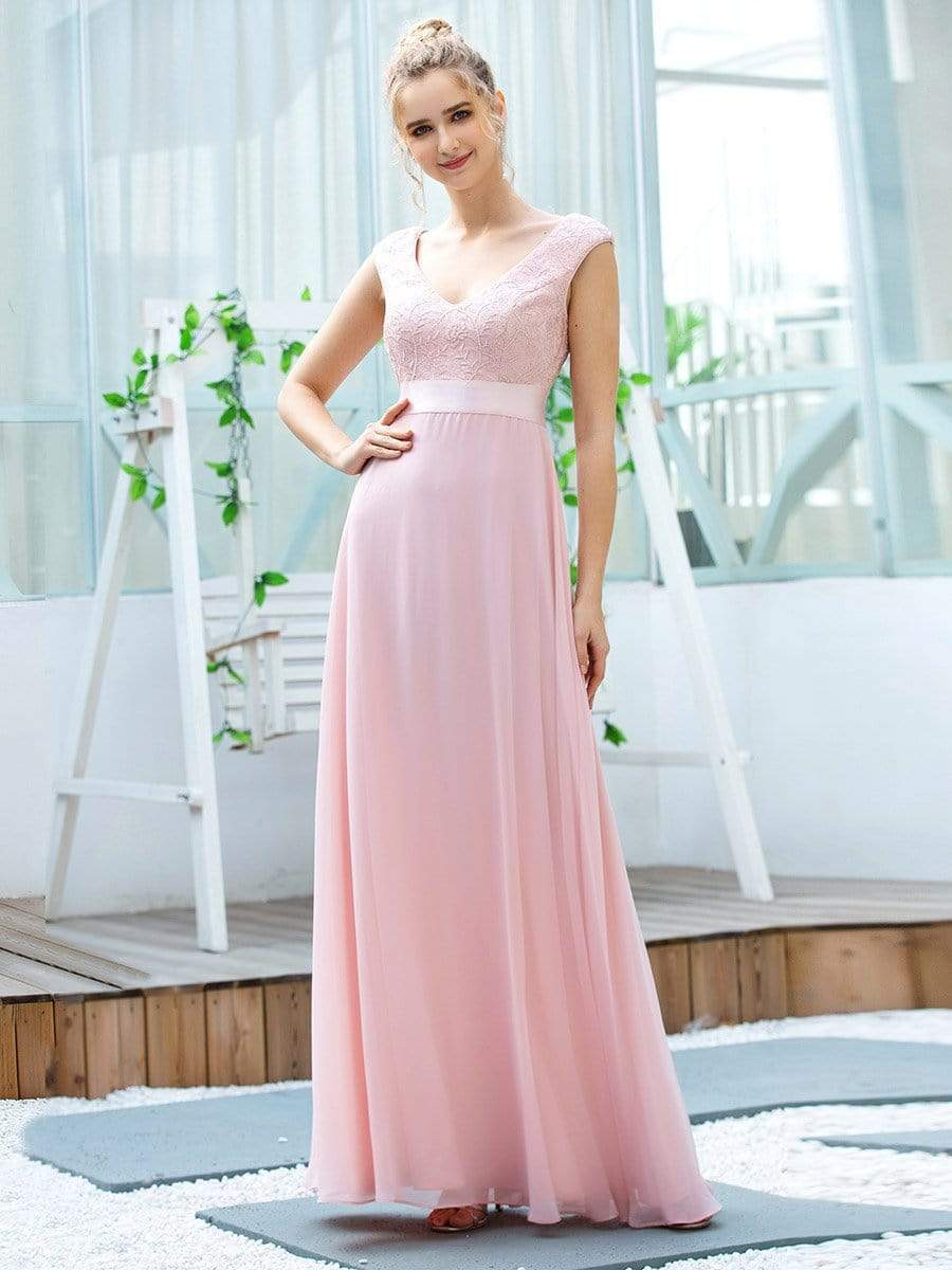 Color=Pink | Women'S Cute A-Line V Neck Embroidered Chiffon Bridesmaid Dress-Pink 1 Color=Pink | Women'S Cute A-Line V Neck Embroidered Chiffon Bridesmaid Dress-Pink 1