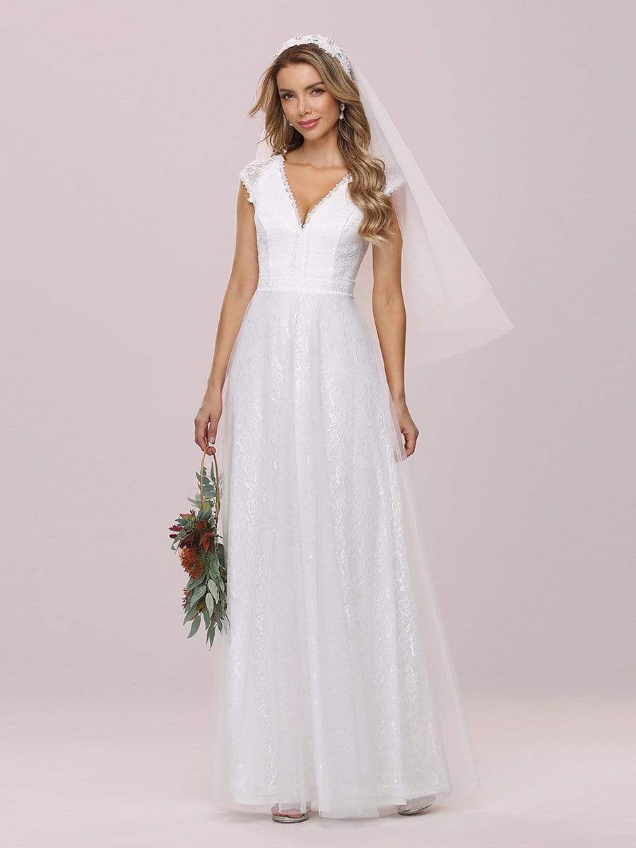 Color=Cream | Women'S Simple V Neck Tulle Wedding Dress With Lace-Cream 8 Color=Cream | Women'S Simple V Neck Tulle Wedding Dress With Lace-Cream 8