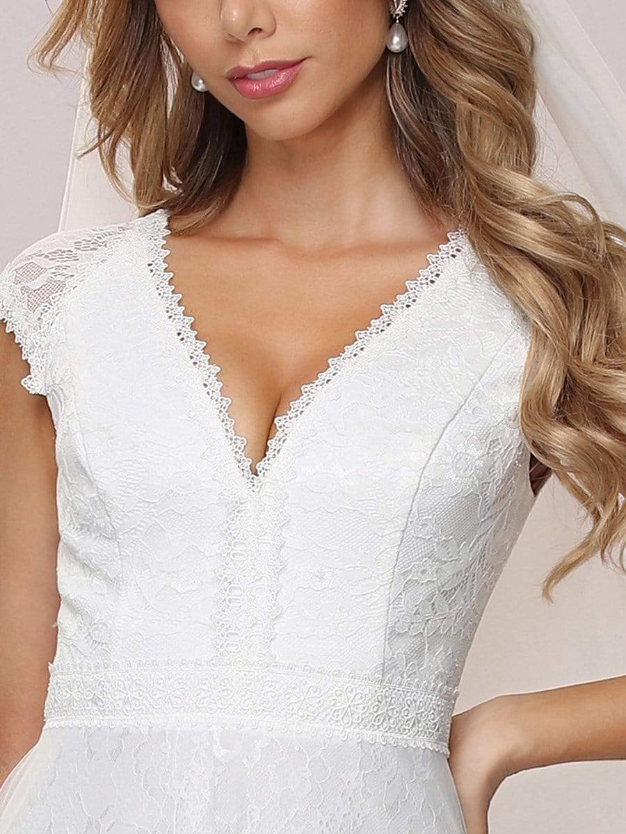 Color=Cream | Women'S Simple V Neck Tulle Wedding Dress With Lace-Cream 9 Color=Cream | Women'S Simple V Neck Tulle Wedding Dress With Lace-Cream 9