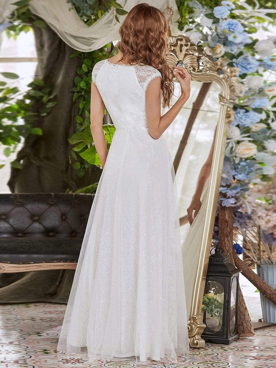Color=Cream | Women'S Simple V Neck Tulle Wedding Dress With Lace-Cream 2 Color=Cream | Women'S Simple V Neck Tulle Wedding Dress With Lace-Cream 2
