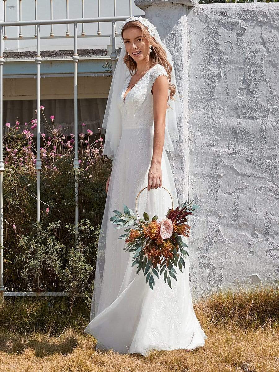 Color=Cream | Women'S Simple V Neck Tulle Wedding Dress With Lace-Cream 3 Color=Cream | Women'S Simple V Neck Tulle Wedding Dress With Lace-Cream 3