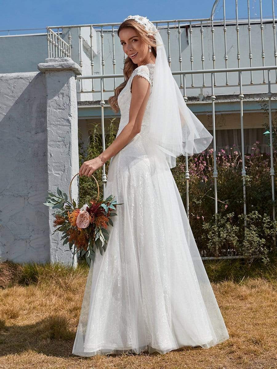 Color=Cream | Women'S Simple V Neck Tulle Wedding Dress With Lace-Cream 5 Color=Cream | Women'S Simple V Neck Tulle Wedding Dress With Lace-Cream 5