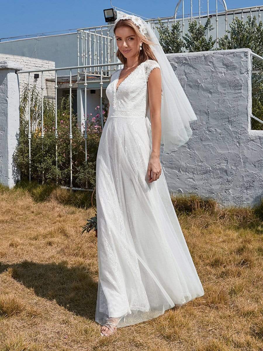 Color=Cream | Women'S Simple V Neck Tulle Wedding Dress With Lace-Cream 6 Color=Cream | Women'S Simple V Neck Tulle Wedding Dress With Lace-Cream 6