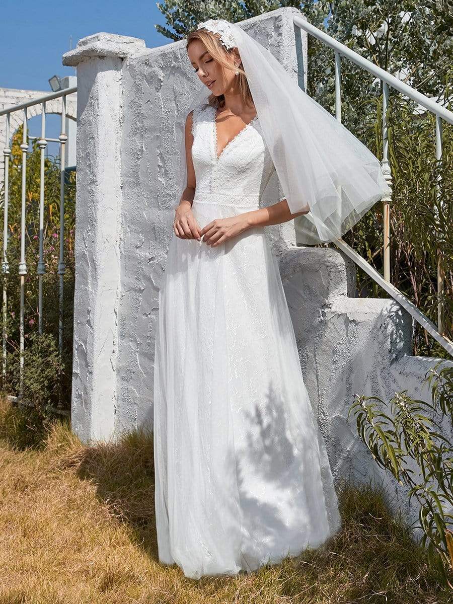 Color=Cream | Women'S Simple V Neck Tulle Wedding Dress With Lace-Cream 7 Color=Cream | Women'S Simple V Neck Tulle Wedding Dress With Lace-Cream 7
