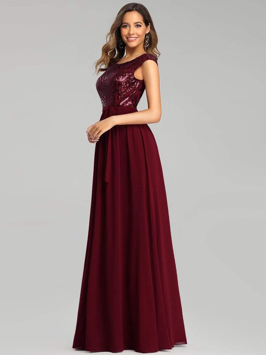Color=Burgundy | Elegant Long Sequin And Chiffon Bridesmaid Dresses With Belt For Wedding-Burgundy 3 Color=Burgundy | Elegant Long Sequin And Chiffon Bridesmaid Dresses With Belt For Wedding-Burgundy 3