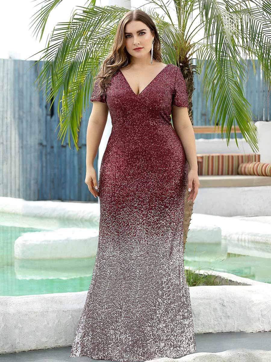 Color=Burgundy | Sexy V Neck Mermaid Sequin Evening Dress With Short Sleeve-Burgundy 8 Color=Burgundy | Sexy V Neck Mermaid Sequin Evening Dress With Short Sleeve-Burgundy 8
