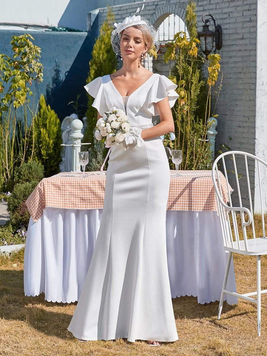 Color=Cream | Plain Maxi Fishtail Wedding Dress With Ruffle Sleeves-Cream 4 Color=Cream | Plain Maxi Fishtail Wedding Dress With Ruffle Sleeves-Cream 4