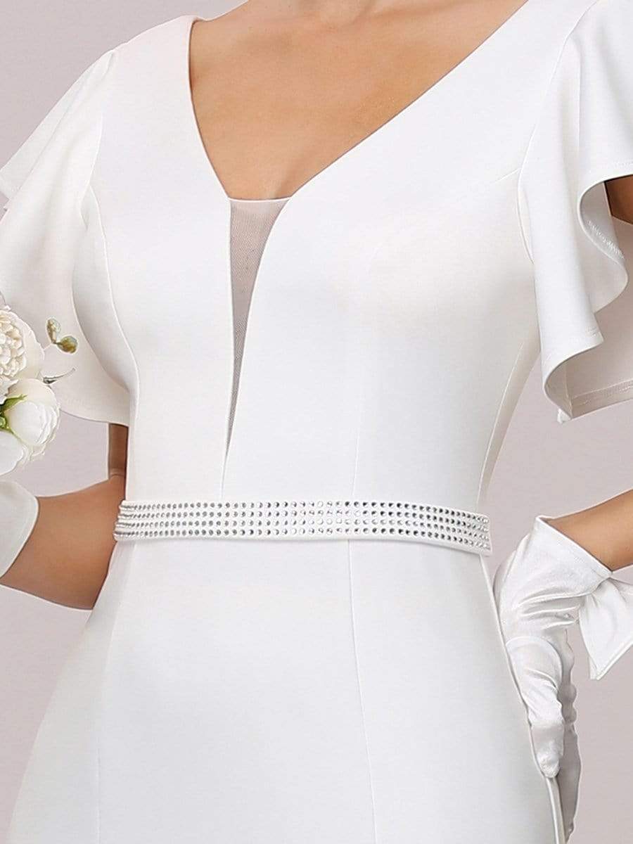 Color=Cream | Plain Maxi Fishtail Wedding Dress With Ruffle Sleeves-Cream 7 Color=Cream | Plain Maxi Fishtail Wedding Dress With Ruffle Sleeves-Cream 7