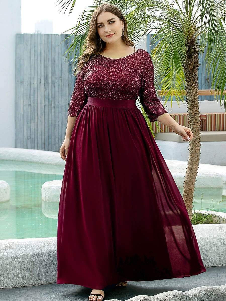 Color=Burgundy | Elegant Round Neckline Sequins Floor Length Evening Dress-Burgundy 7