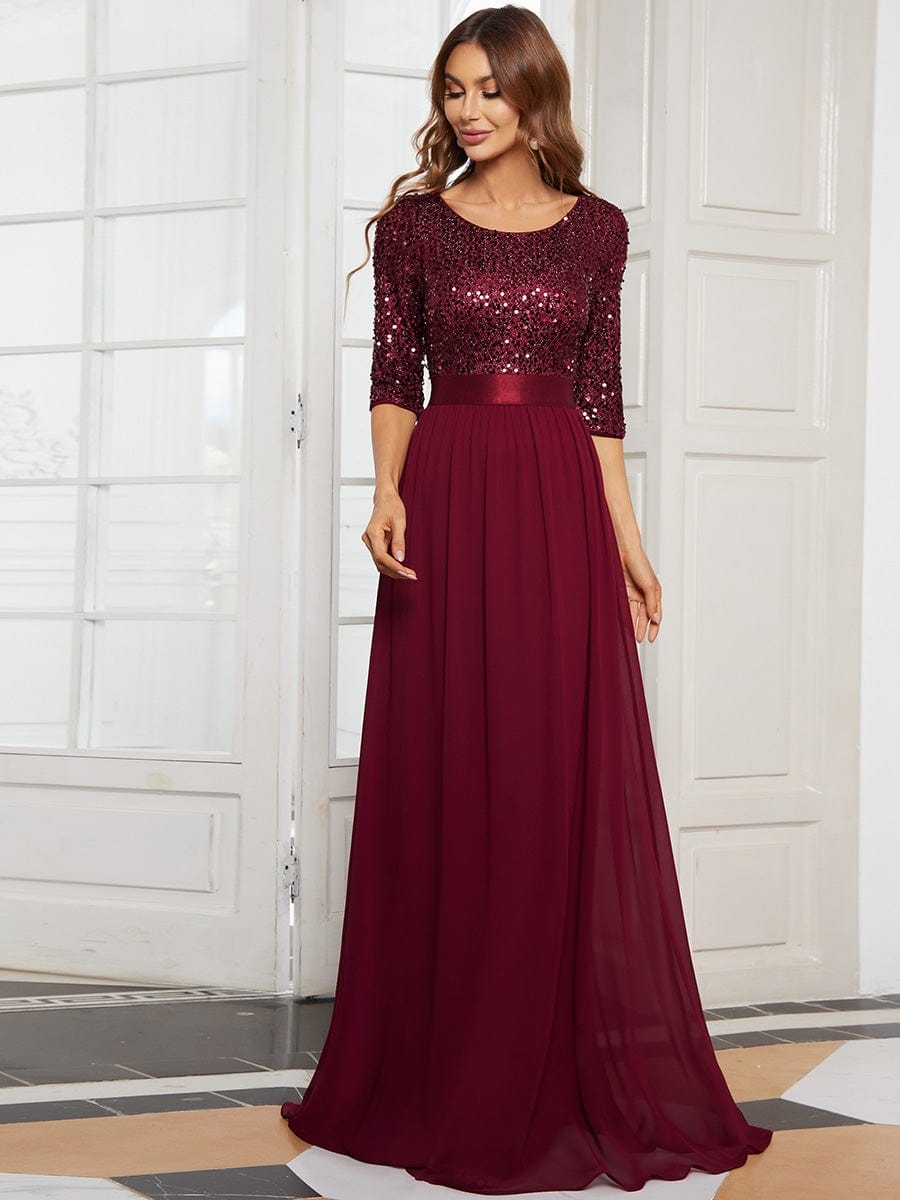 Color=Burgundy | Elegant Round Neckline Sequins Floor Length Evening Dress-Burgundy 4 Color=Burgundy | Elegant Round Neckline Sequins Floor Length Evening Dress-Burgundy 4