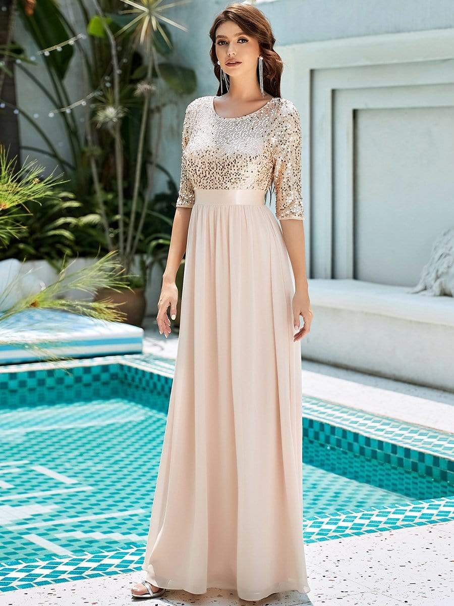 Color=Blush | Elegant Round Neckline Sequins Floor Length Evening Dress-Blush 4 Color=Blush | Elegant Round Neckline Sequins Floor Length Evening Dress-Blush 4