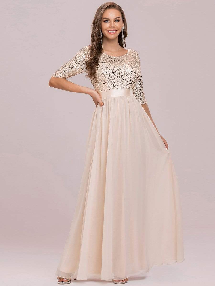 Color=Blush | Elegant Round Neckline Sequins Floor Length Evening Dress-Blush 6