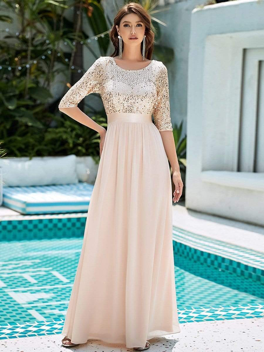 Color=Blush | Elegant Round Neckline Sequins Floor Length Evening Dress-Blush 1