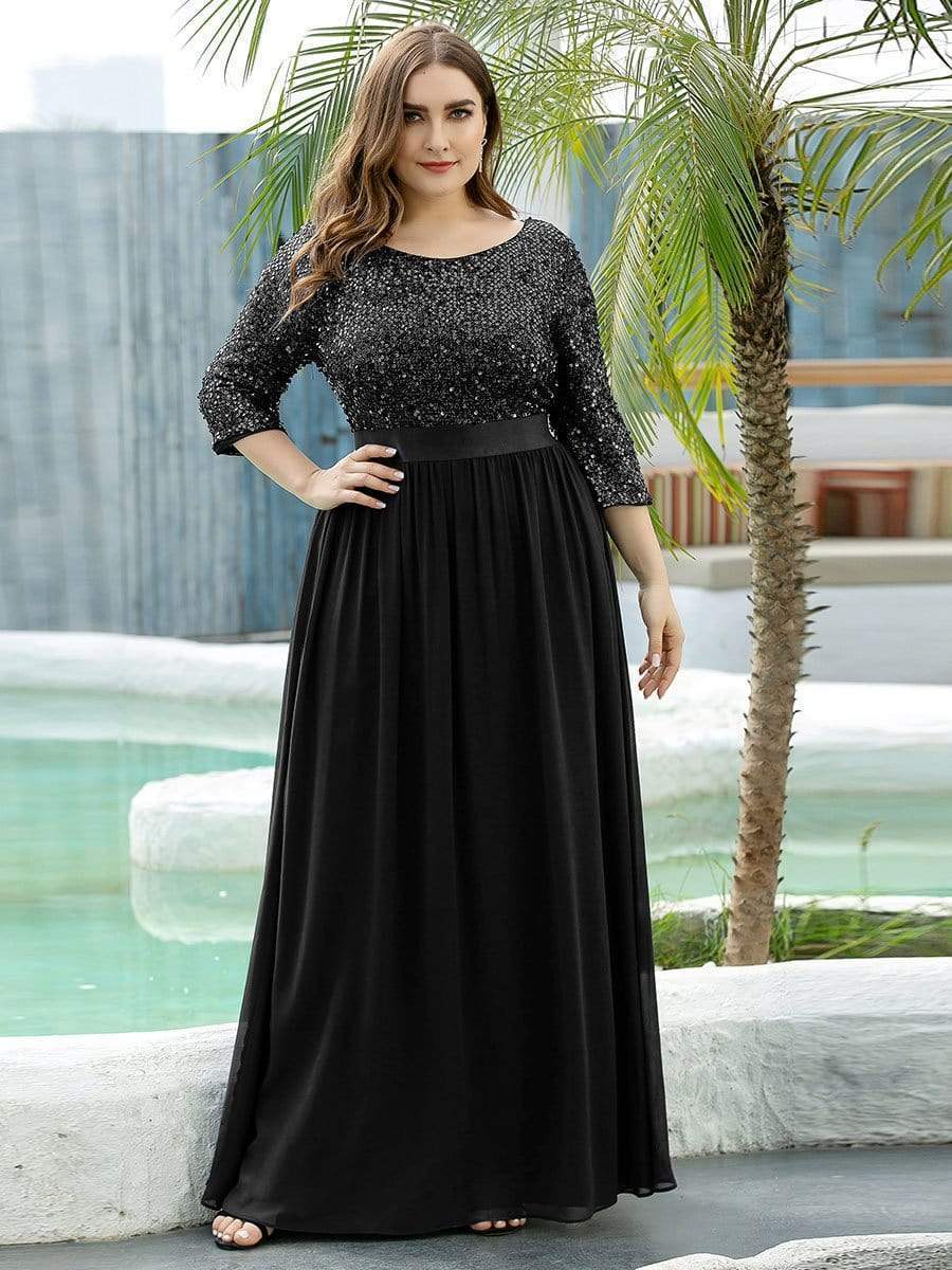 Color=Black | Elegant Round Neckline Sequins Floor Length Evening Dress-Black 6
