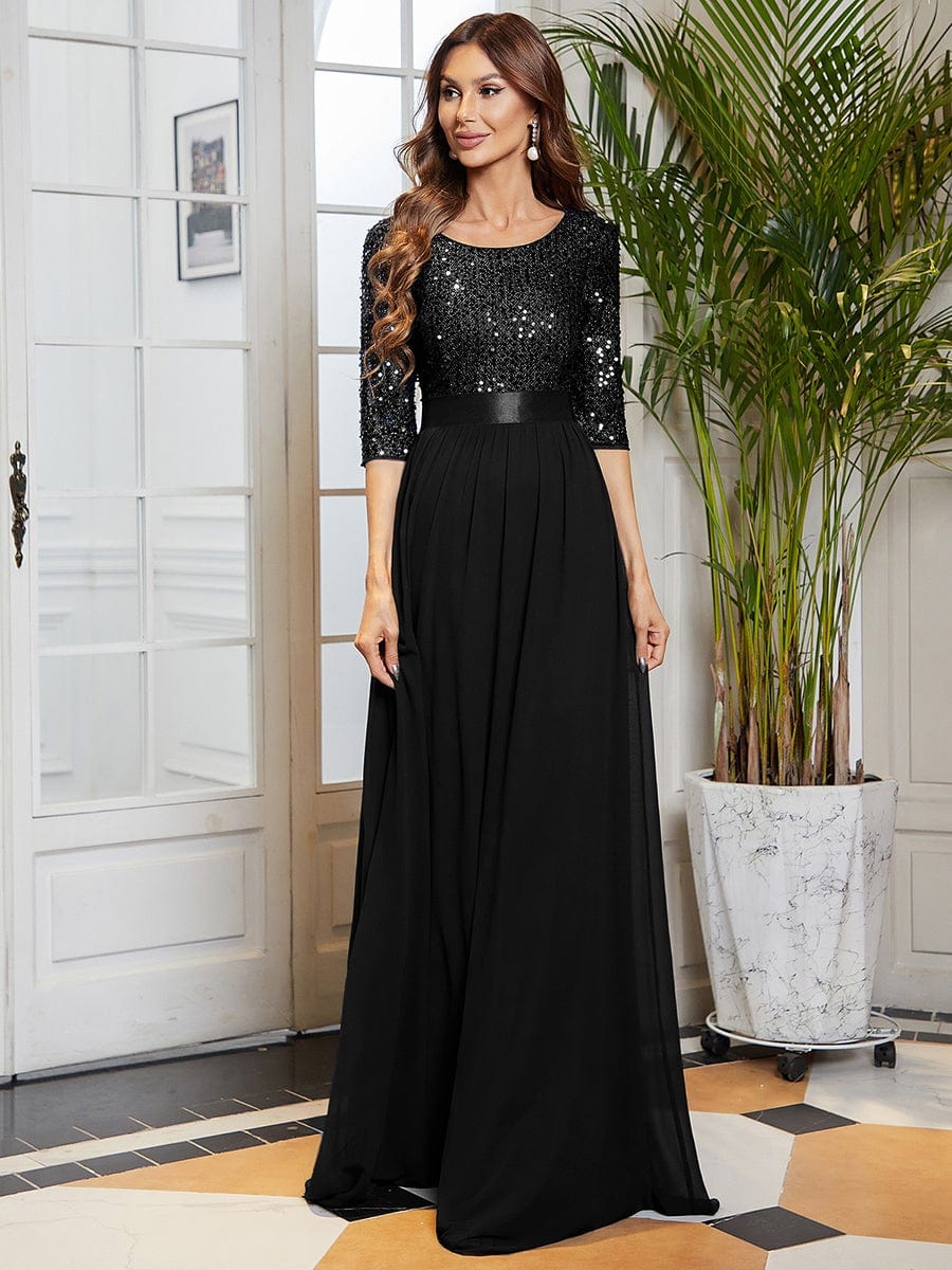 Color=Black | Elegant Round Neckline Sequins Floor Length Evening Dress-Black 1 Color=Black | Elegant Round Neckline Sequins Floor Length Evening Dress-Black 1