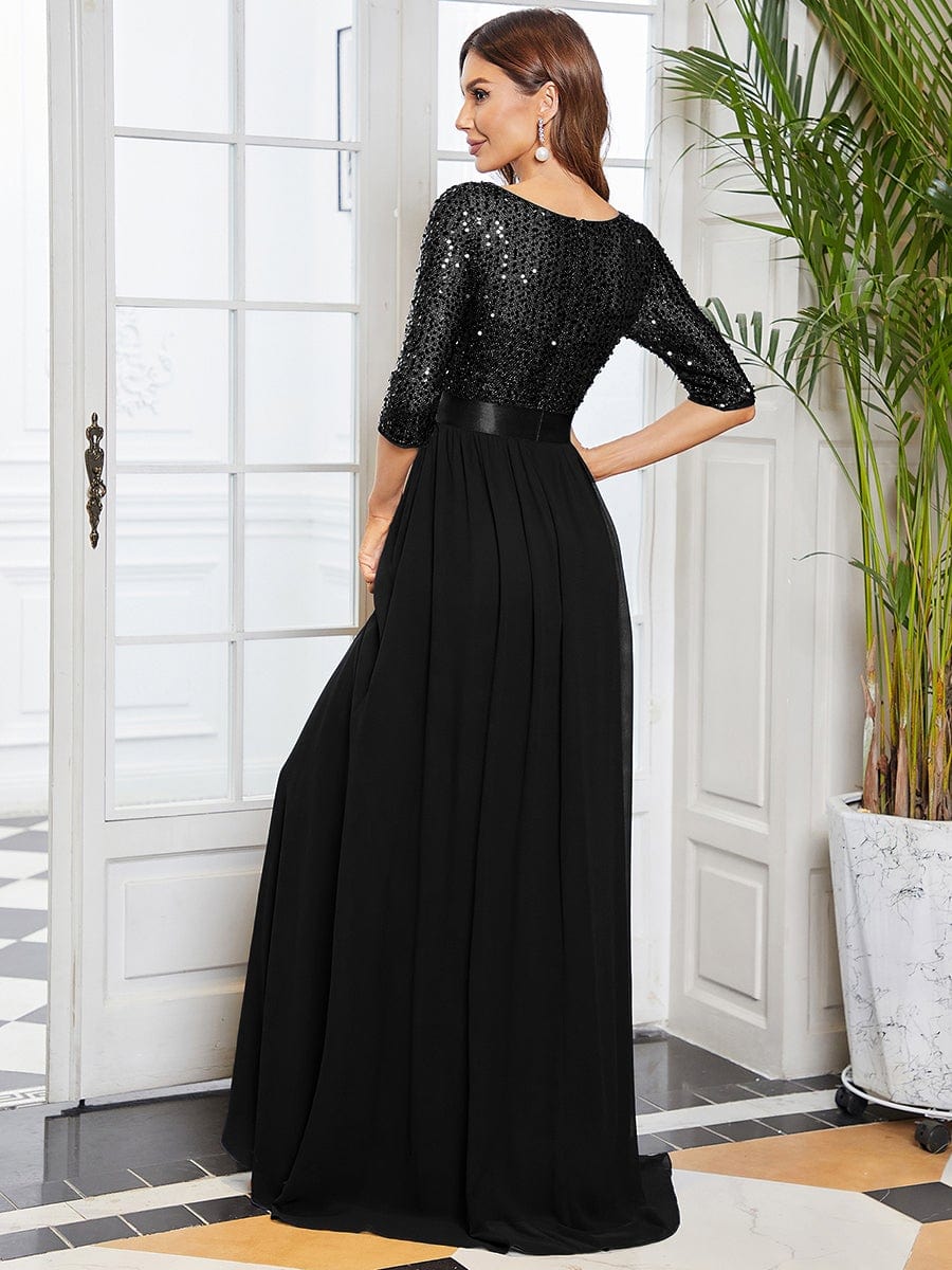 Color=Black | Elegant Round Neckline Sequins Floor Length Evening Dress-Black 2 Color=Black | Elegant Round Neckline Sequins Floor Length Evening Dress-Black 2