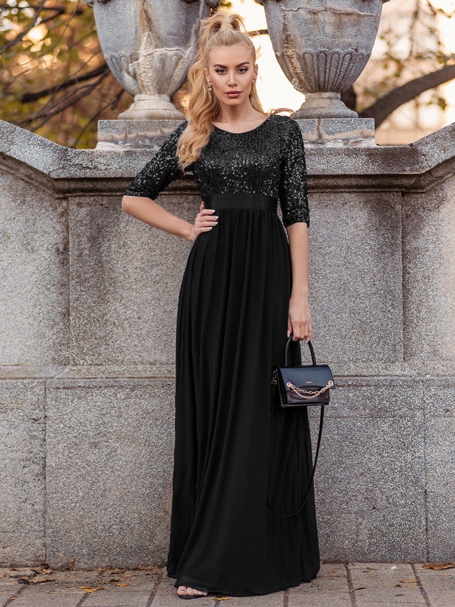 Color=Black | Elegant Round Neckline Sequins Floor Length Evening Dress-Black 3