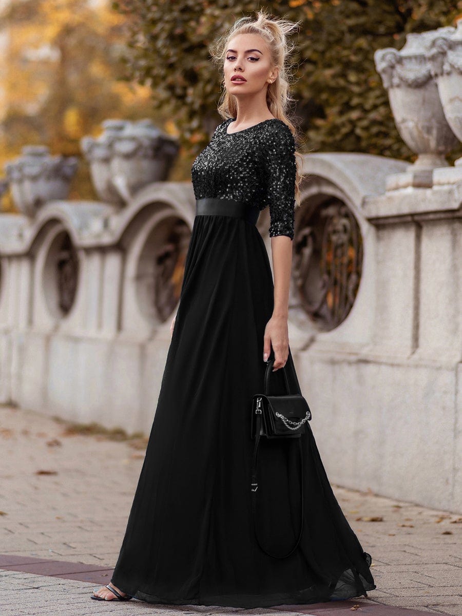 Color=Black | Elegant Round Neckline Sequins Floor Length Evening Dress-Black 4 Color=Black | Elegant Round Neckline Sequins Floor Length Evening Dress-Black 4