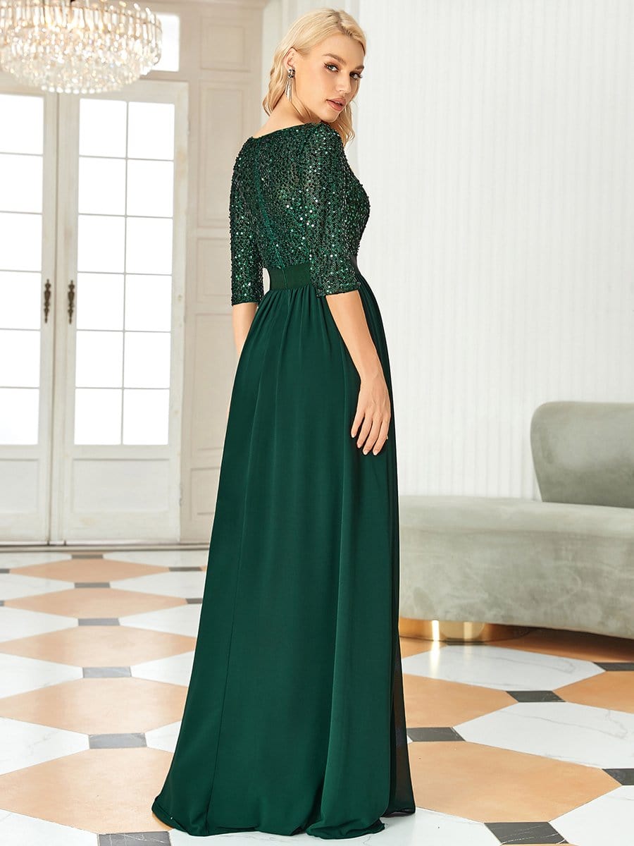 Color=Dark Green | Elegant Round Neckline Sequins Floor Length Evening Dress-Dark Green 2 Color=Dark Green | Elegant Round Neckline Sequins Floor Length Evening Dress-Dark Green 2
