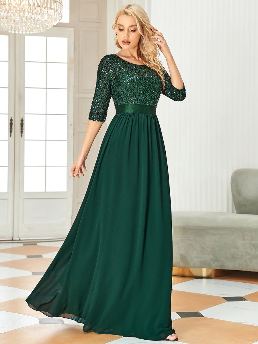 Color=Dark Green | Elegant Round Neckline Sequins Floor Length Evening Dress-Dark Green 3 Color=Dark Green | Elegant Round Neckline Sequins Floor Length Evening Dress-Dark Green 3