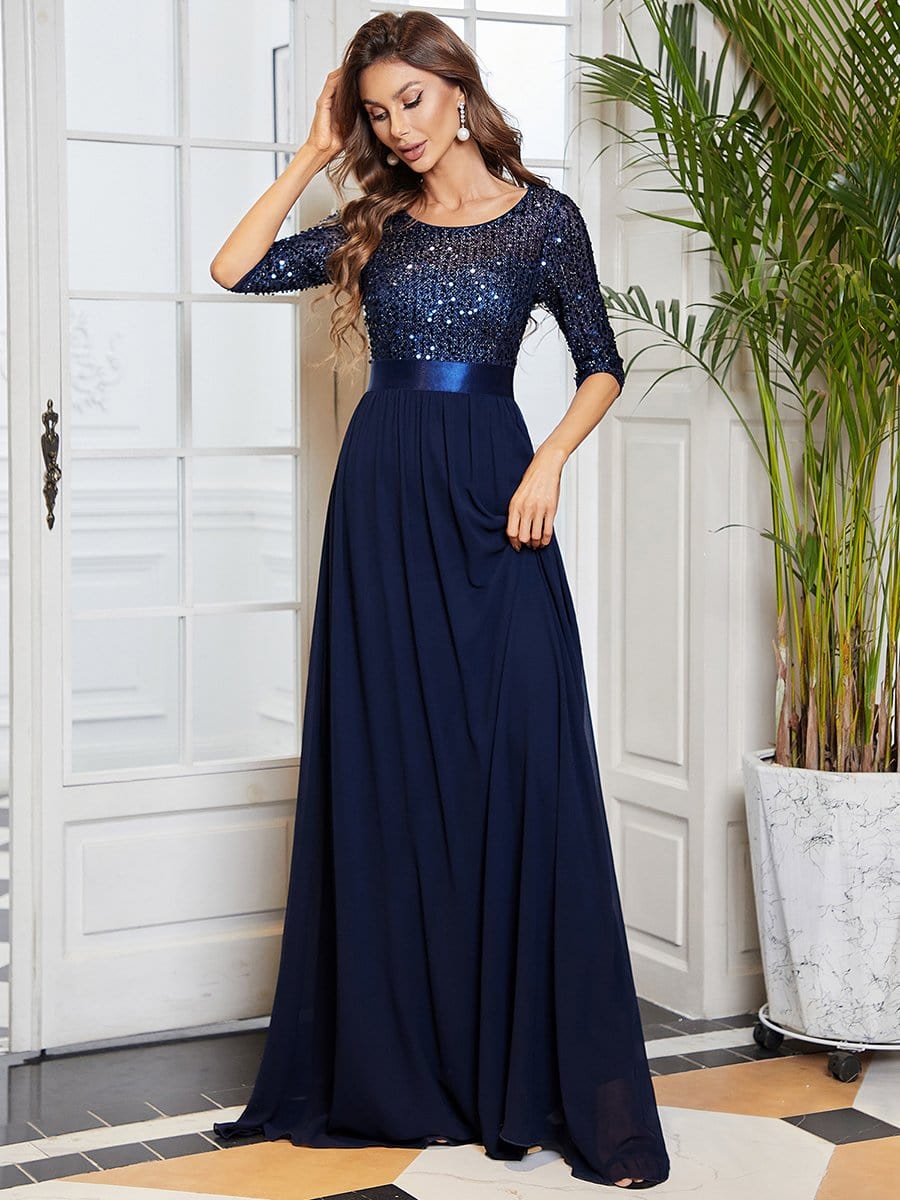 Color=Navy Blue | Elegant Round Neckline Sequins Floor Length Evening Dress-Navy Blue 7 Color=Navy Blue | Elegant Round Neckline Sequins Floor Length Evening Dress-Navy Blue 7