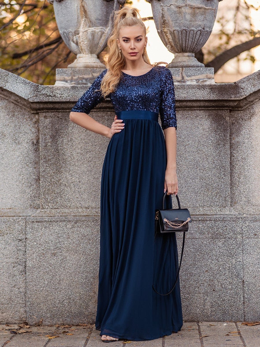 Color=Navy Blue | Elegant Round Neckline Sequins Floor Length Evening Dress-Navy Blue 1