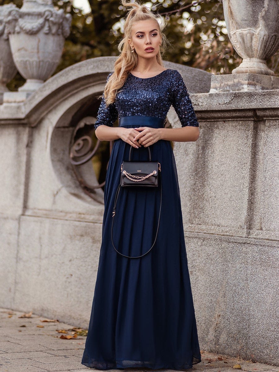 Color=Navy Blue | Elegant Round Neckline Sequins Floor Length Evening Dress-Navy Blue 3 Color=Navy Blue | Elegant Round Neckline Sequins Floor Length Evening Dress-Navy Blue 3