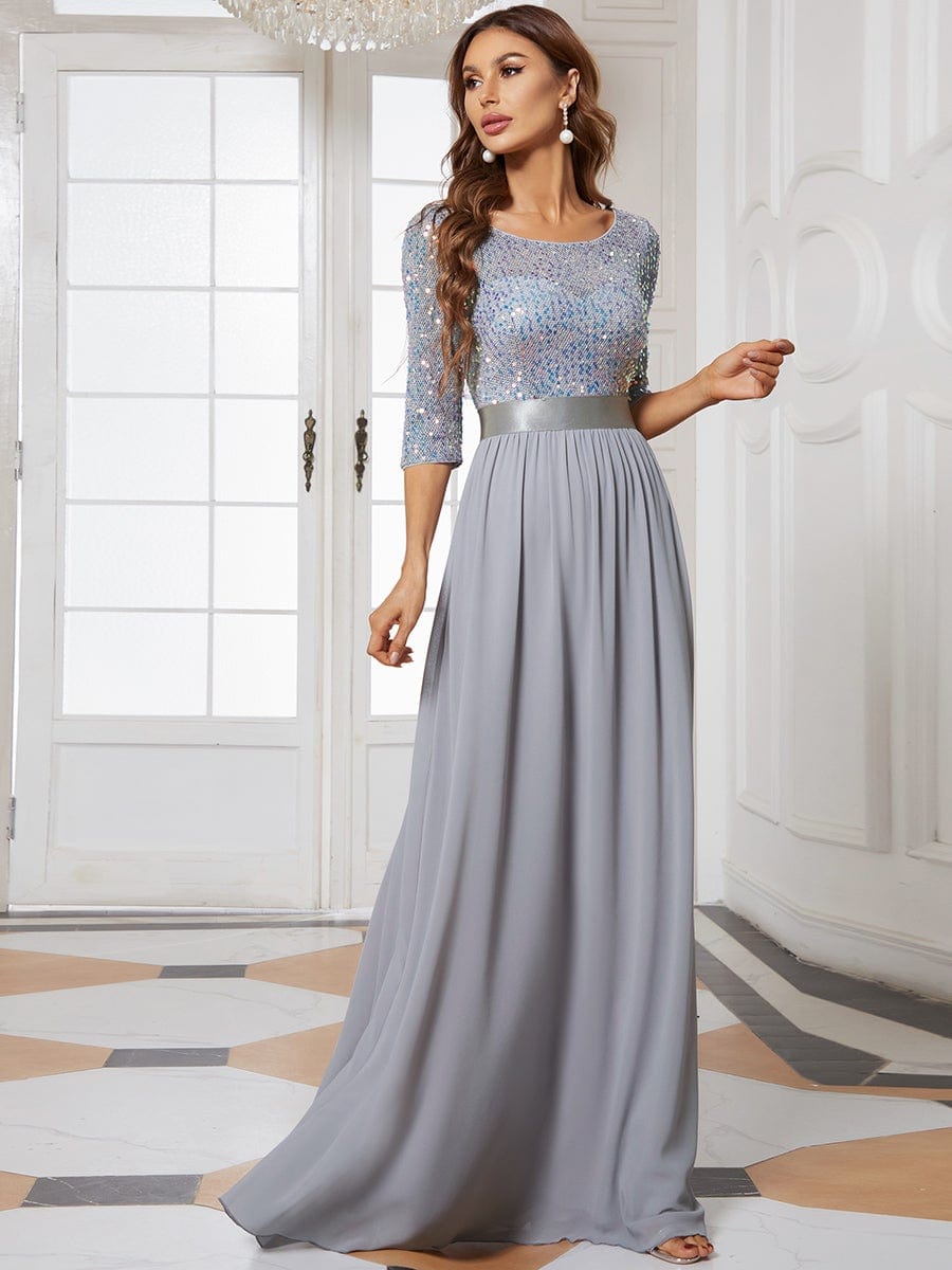 Color=Silver | Elegant Round Neckline Sequins Floor Length Evening Dress-Silver 4
