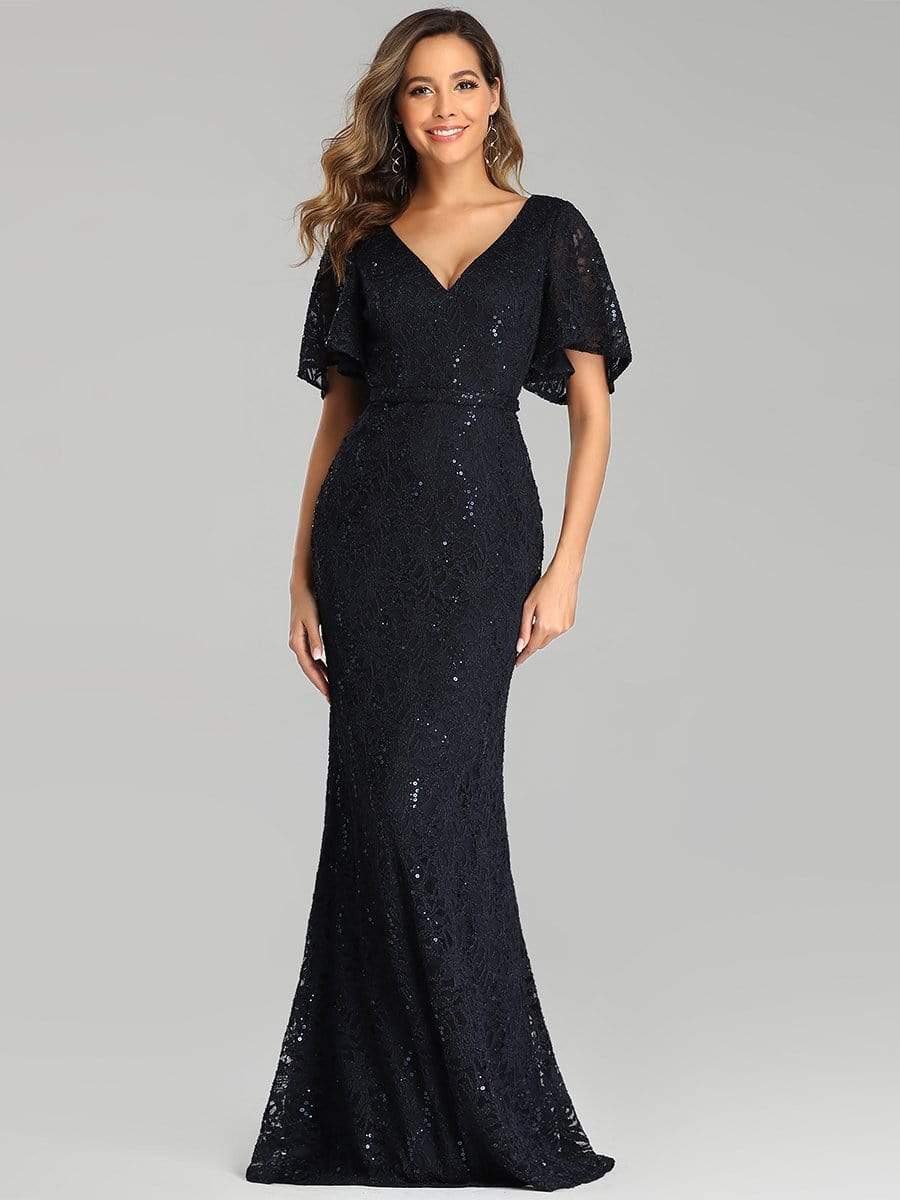 Color=Navy Blue | Elegant Ruffle Sleeves Mermaid Lace Evening Dresses With Beads-Navy Blue 4 Color=Navy Blue | Elegant Ruffle Sleeves Mermaid Lace Evening Dresses With Beads-Navy Blue 4