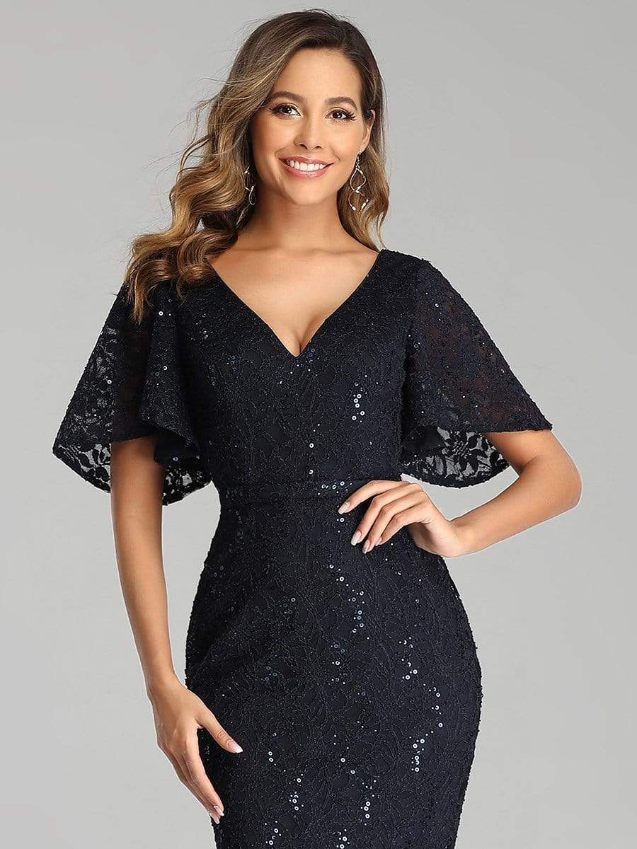 Color=Navy Blue | Elegant Ruffle Sleeves Mermaid Lace Evening Dresses With Beads-Navy Blue 5 Color=Navy Blue | Elegant Ruffle Sleeves Mermaid Lace Evening Dresses With Beads-Navy Blue 5