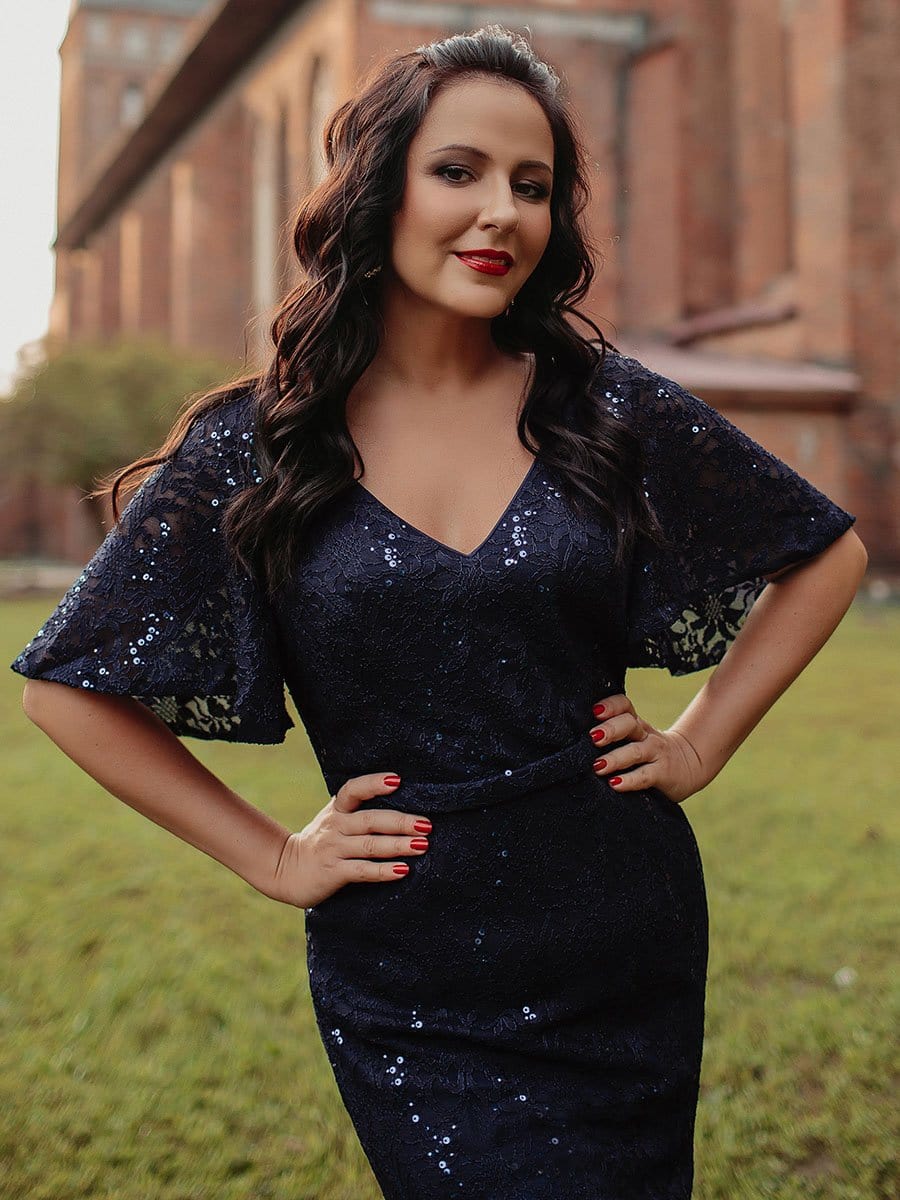 Color=Navy Blue | Elegant Ruffle Sleeves Mermaid Lace Evening Dresses With Beads-Navy Blue 12 Color=Navy Blue | Elegant Ruffle Sleeves Mermaid Lace Evening Dresses With Beads-Navy Blue 12