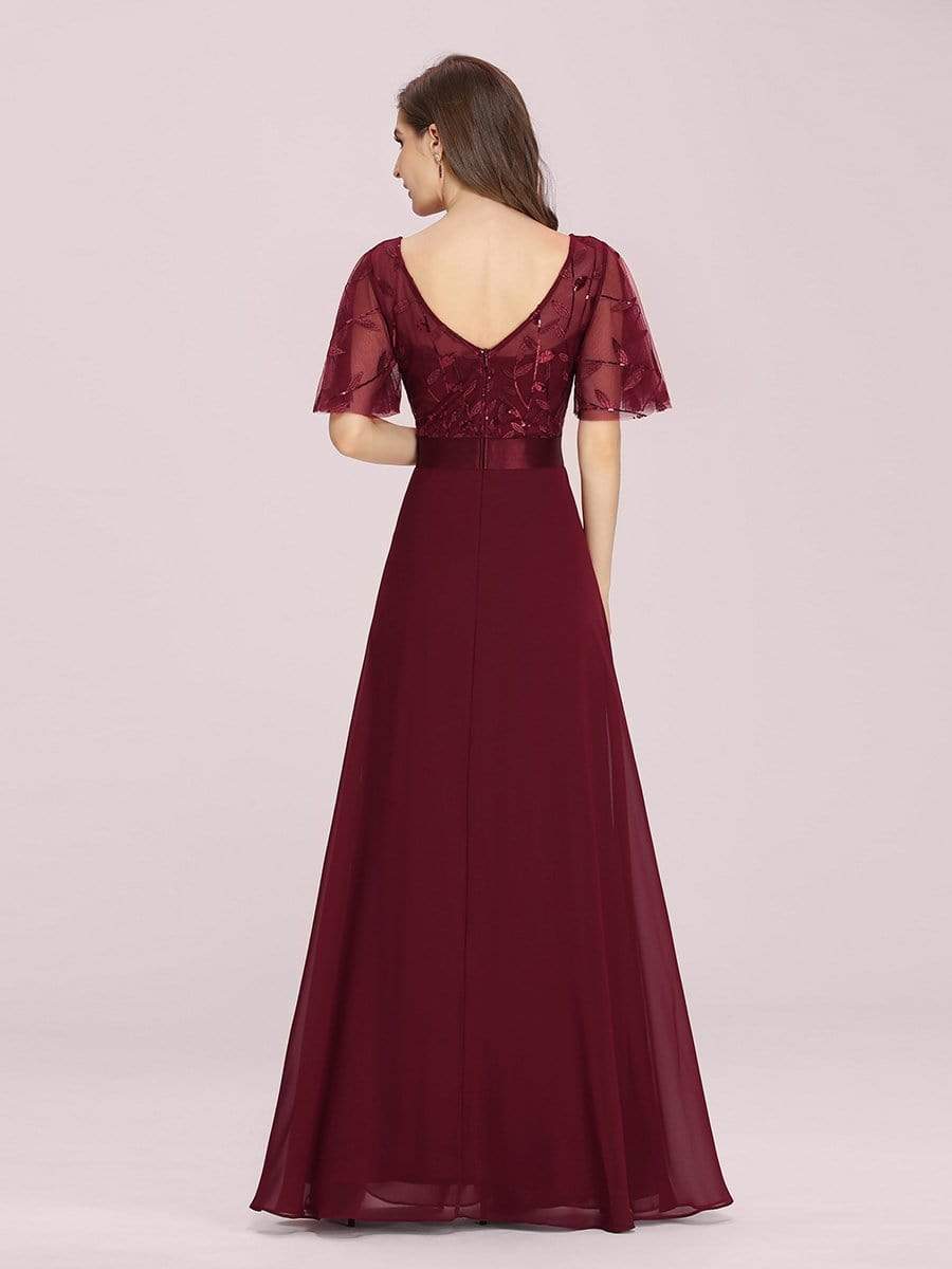 Color=Burgundy | Romantic Round Neck Ruffle Sleeves Chiffon & Sequin Prom Dress-Burgundy 2 Color=Burgundy | Romantic Round Neck Ruffle Sleeves Chiffon & Sequin Prom Dress-Burgundy 2