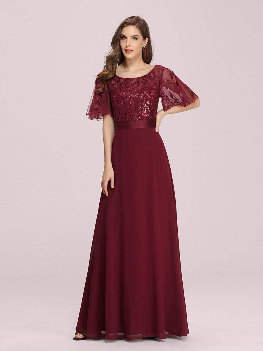 Color=Burgundy | Romantic Round Neck Ruffle Sleeves Chiffon & Sequin Prom Dress-Burgundy 3 Color=Burgundy | Romantic Round Neck Ruffle Sleeves Chiffon & Sequin Prom Dress-Burgundy 3