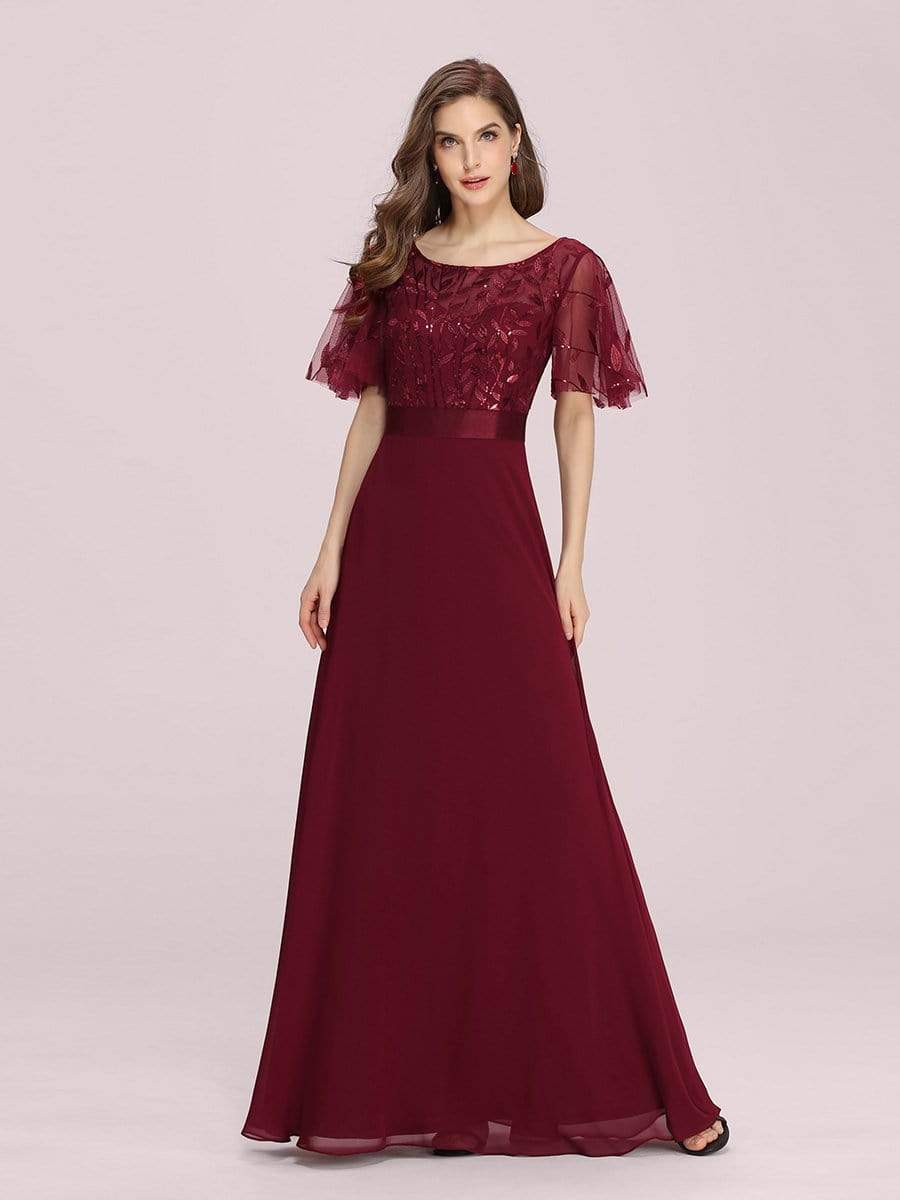 Color=Burgundy | Romantic Round Neck Ruffle Sleeves Chiffon & Sequin Prom Dress-Burgundy 1 Color=Burgundy | Romantic Round Neck Ruffle Sleeves Chiffon & Sequin Prom Dress-Burgundy 1