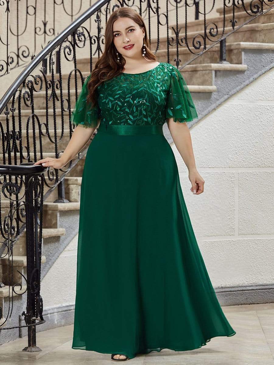 Color=Dark Green | Elegant Plus Size A-Line Chiffon Evening Dress With Sequin-Dark Green 3 Color=Dark Green | Elegant Plus Size A-Line Chiffon Evening Dress With Sequin-Dark Green 3