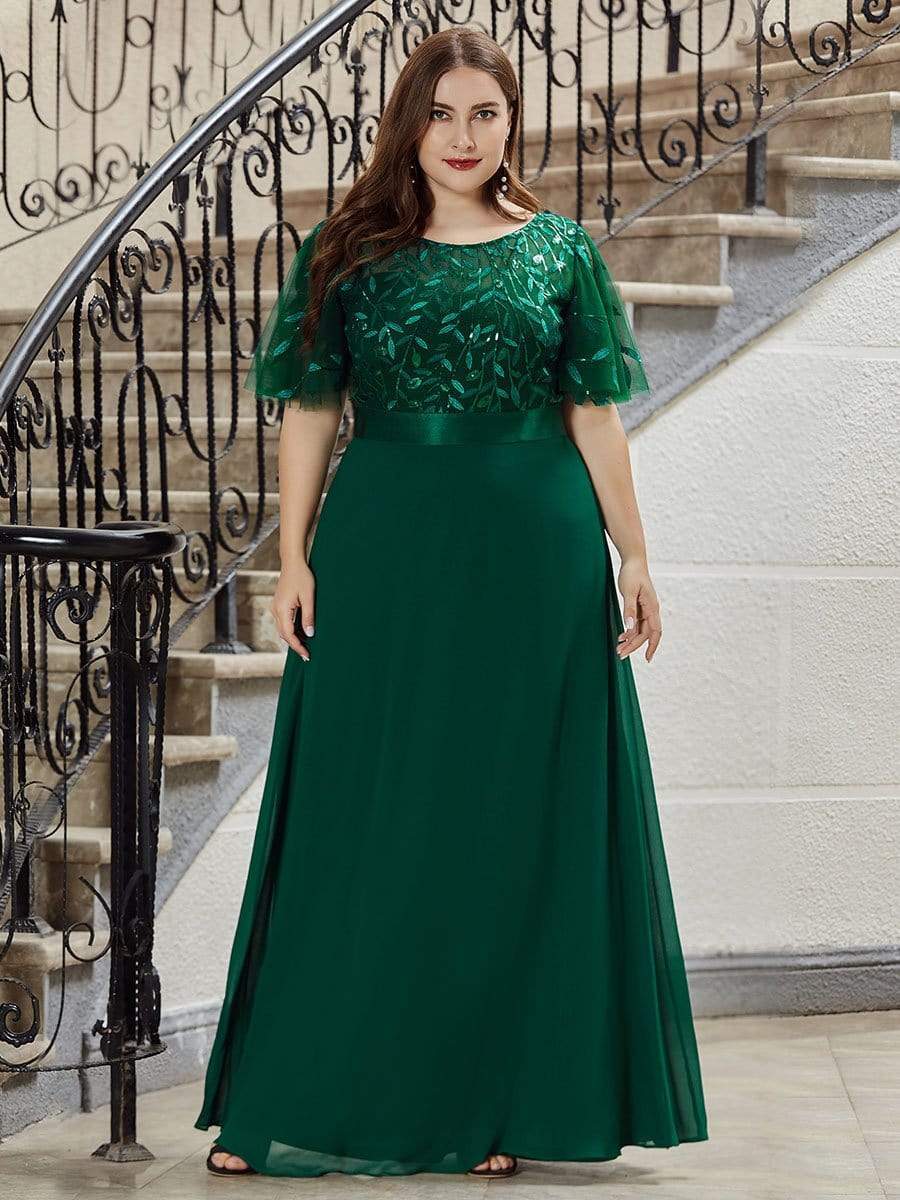Color=Dark Green | Romantic Round Neck Ruffle Sleeves Chiffon & Sequin Prom Dress-Dark Green 4 Color=Dark Green | Romantic Round Neck Ruffle Sleeves Chiffon & Sequin Prom Dress-Dark Green 4